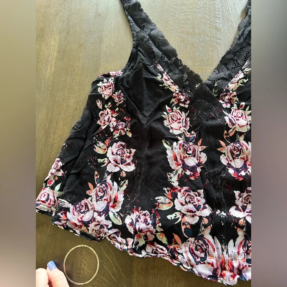 Free people intimately free morning rose floral Tank top black lace trim pink